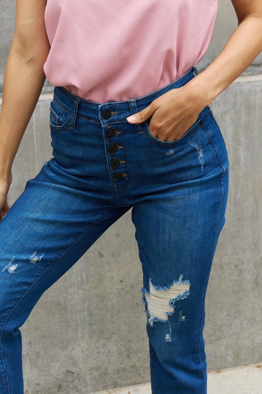 Close-Up, Button Fly, Judy Blue, High Waist Zigzag and Button Fly Destroyed Boyfriend Jeans Style 88526