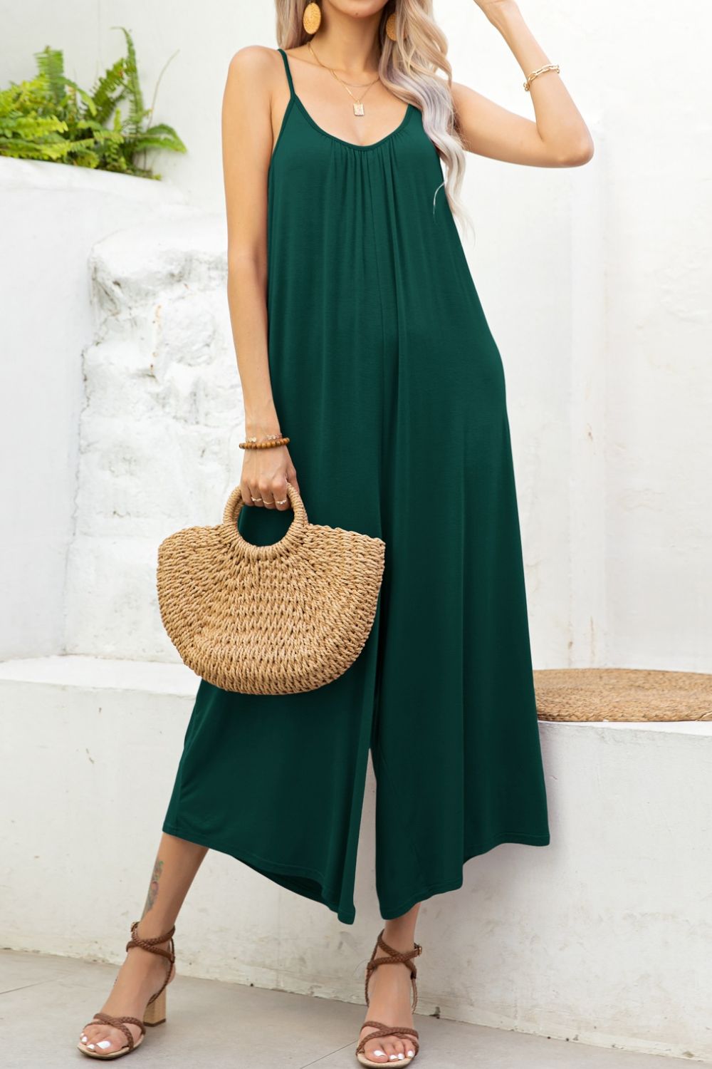 Spaghetti Strap Scoop Neck Jumpsuit In Forest
