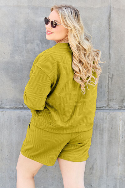 Plus Size, Back View, Double Take, Textured Long Sleeve Top and Drawstring Shorts Set In Chartreuse