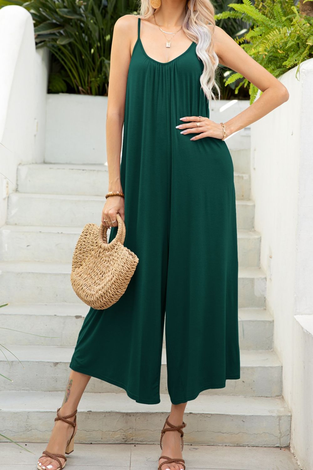 Spaghetti Strap Scoop Neck Jumpsuit In Forest