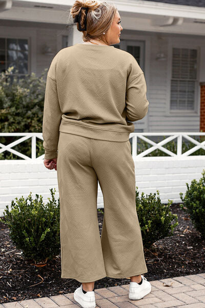 Back View, Plus Size, Double Take, Textured Long Sleeve Top and Drawstring Pants Set In Tan