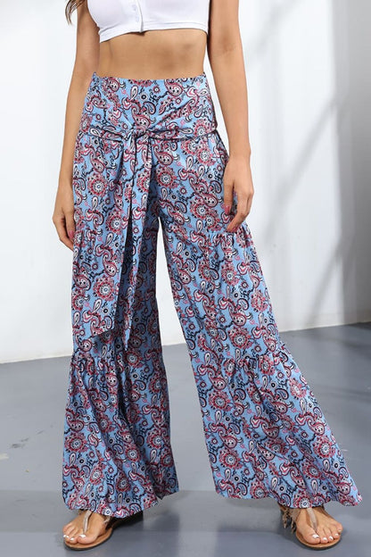 Printed High-Rise Tied Culottes In Pastel Blue