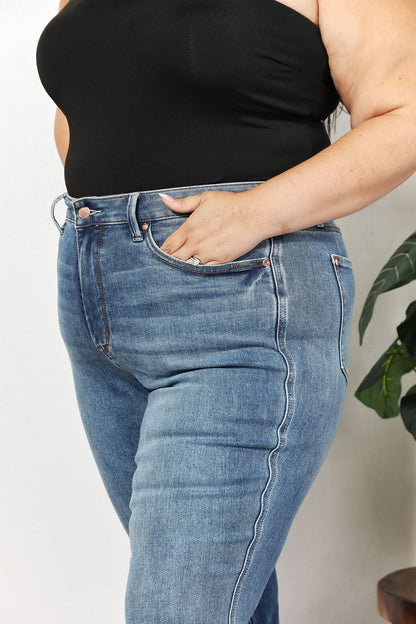 Close-Up, Plus Size, Judy Blue, High Waist Tummy Control Release Hem Slim Boot Cut Jeans 88626