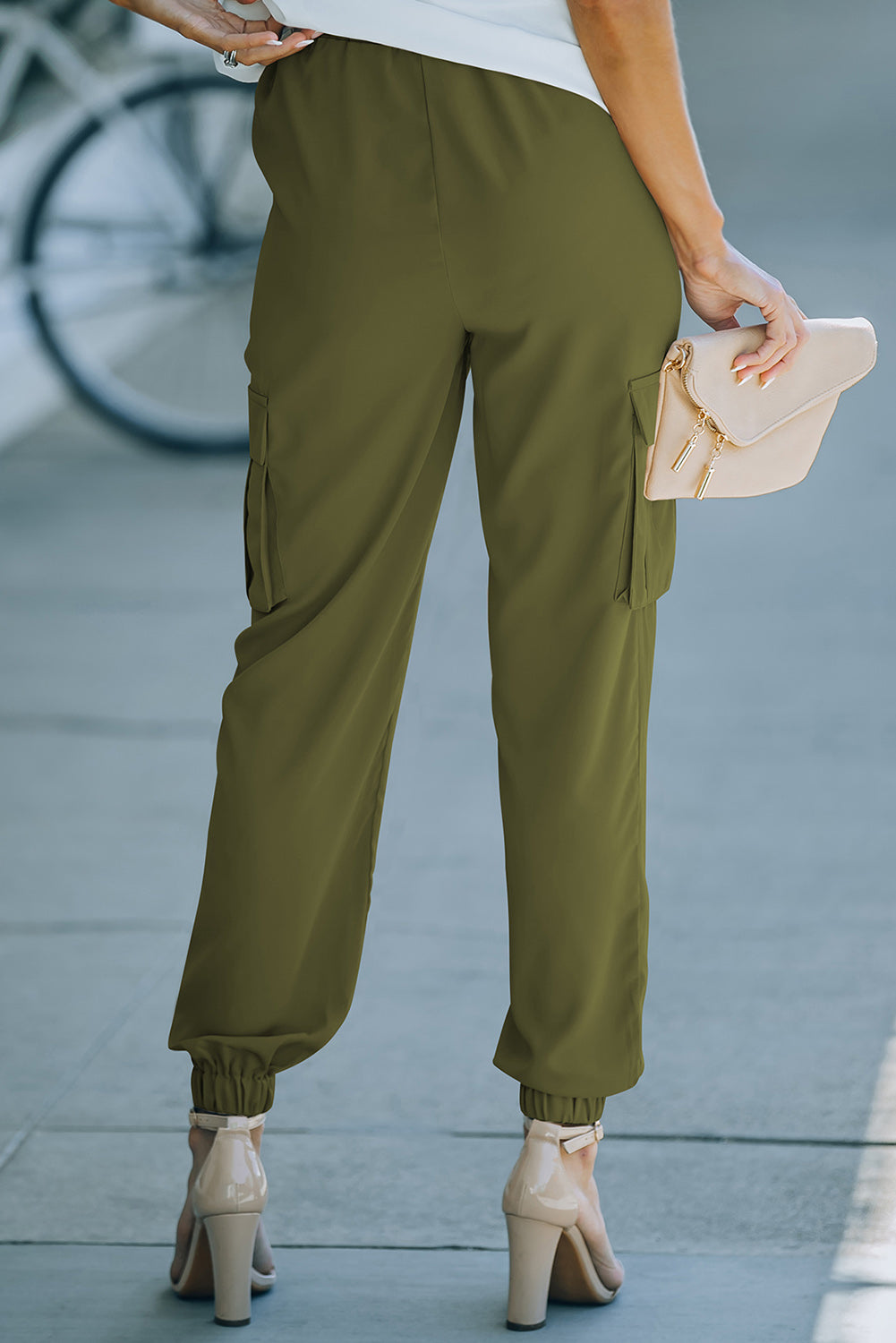 Back View, Tie Front High Waist Cargo Joggers In Green