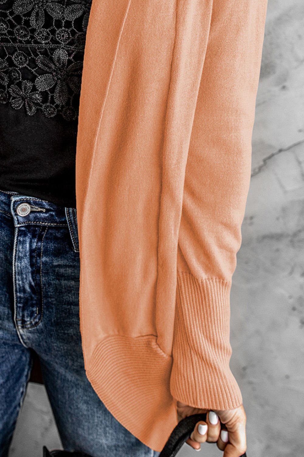 Close-Up, Long Sleeve Ribbed Hem Open Front Longline Cardigan In Orange
