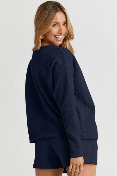 Side VIew, Double Take, Textured Long Sleeve Top and Drawstring Shorts Set In Navy