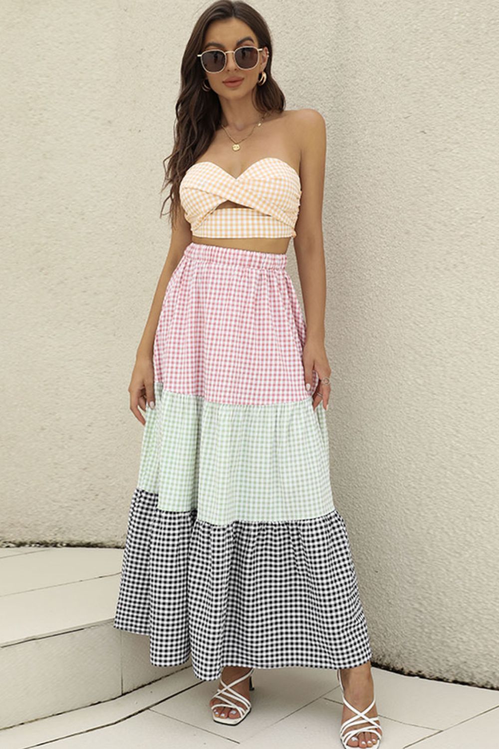 Plaid Strapless Top and Skirt Set