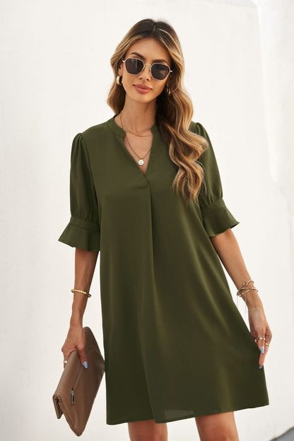 Puff Sleeve Notched Mini Shift Dress In Green