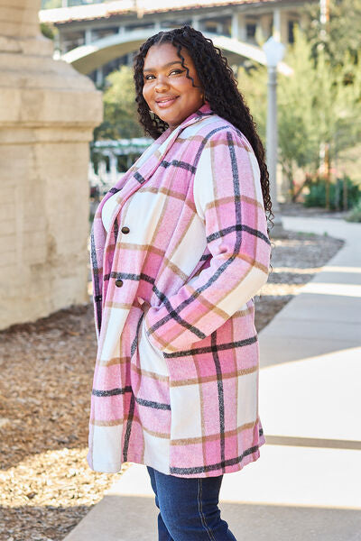 Side View, Plus Size, Double Take, Plaid Button Up Lapel Collar Coat In Carnation Pink