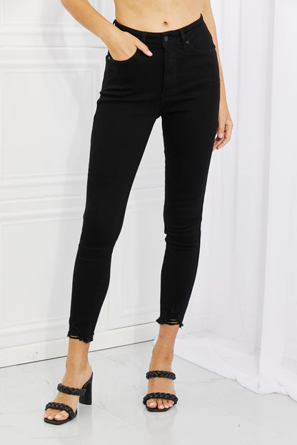 Judy Blue, High-Rise Control Top Skinny Jeans with Sharkbite Hem Style 88551