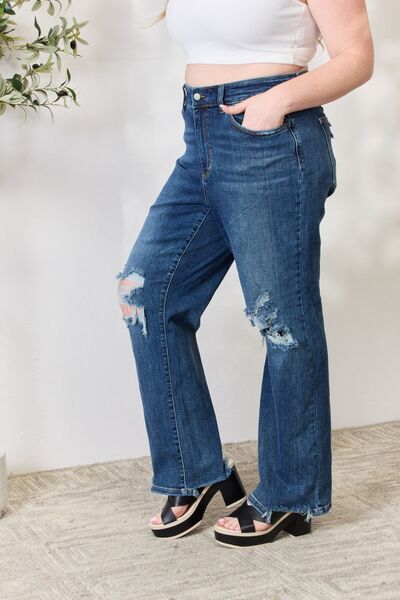 Side View, Plus Size, Judy Blue Women's High-Rise 90's Straight Leg Ripped Jeans Style 82592