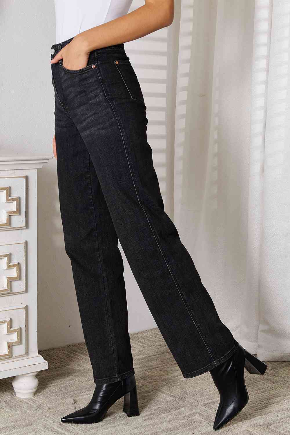 Side VIew, Judy Blue High Waist Tummy Control Washed Black Straight Style 88677