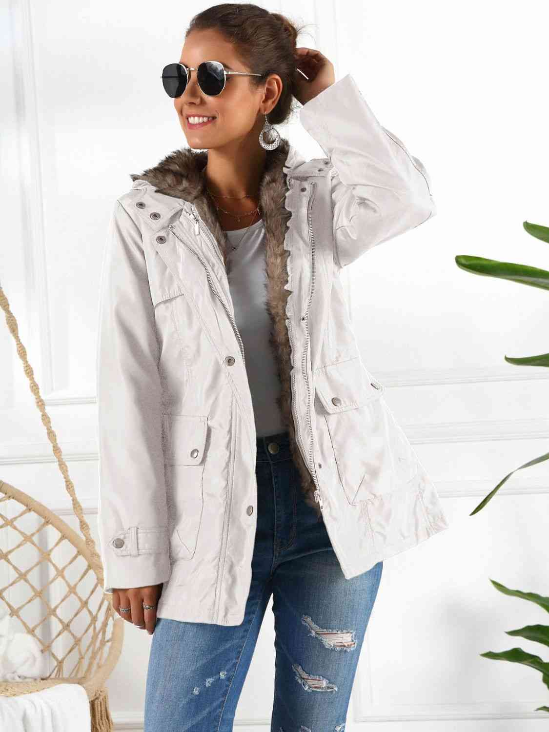 Open View, Hooded Jacket with Detachable Liner (Three-Way Wear) In White