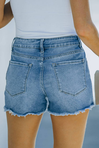 Back View, Frayed Hem Distressed Denim Shorts In Denim