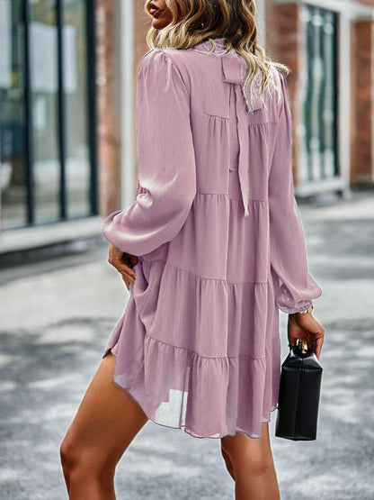 Back View, Frill Neck Puff Sleeve Tiered Dress In Pink