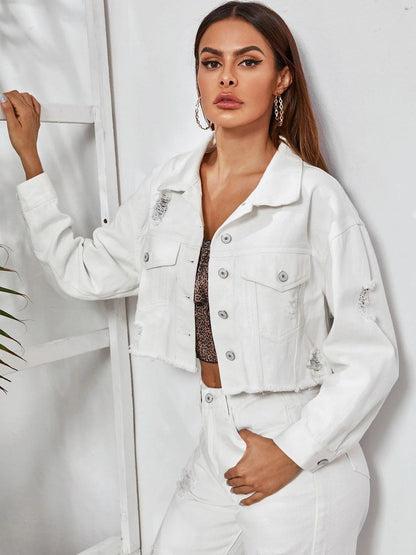 Side VIew, Dropped Shoulder Collared Neck Denim Jacket In White
