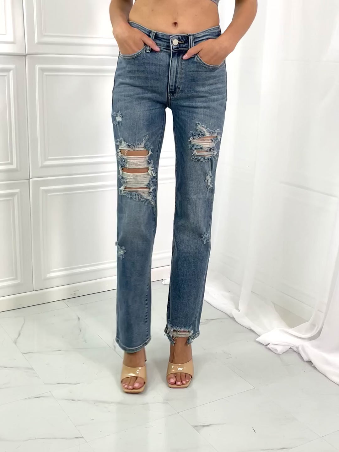 Video, Judy Blue, Mid-Rise Heavy Destroy Straight Jeans