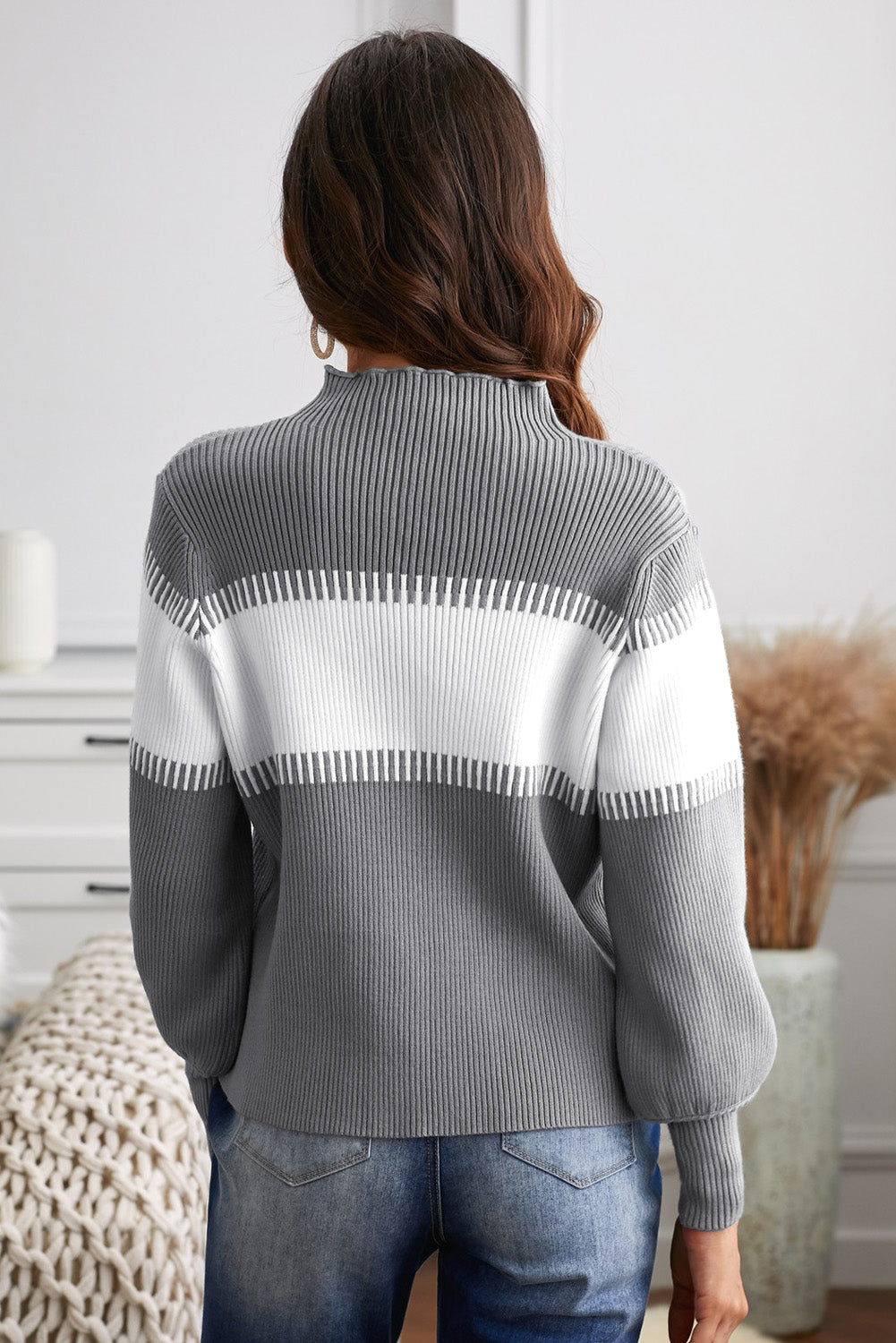 Back View, Gray Color Block High Neck Lantern Sleeve Pullover Sweater