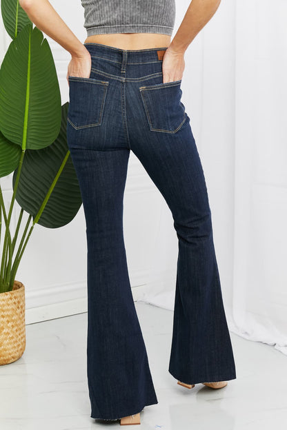 Back View, Judy Blue, High Waisted Raw Hem Tall Flare Jeans Style 82343