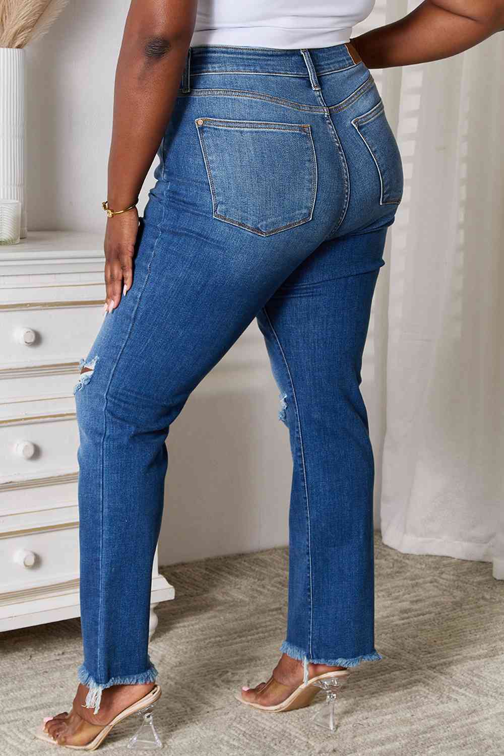 Back View, Plus Size, Judy Blue ,High Waist Knee Destroy & Fray Hem Straight Jeans Style 82513