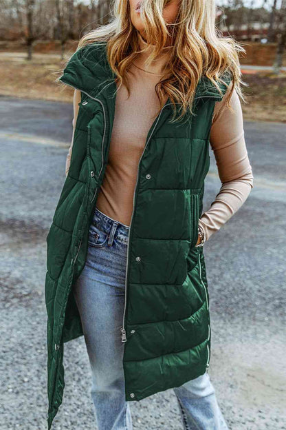 Longline Hooded Sleeveless Puffer Vest In Green