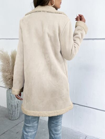 Back View, Contrast Button Up Lapel Collar Long Sleeve Coat In Cream