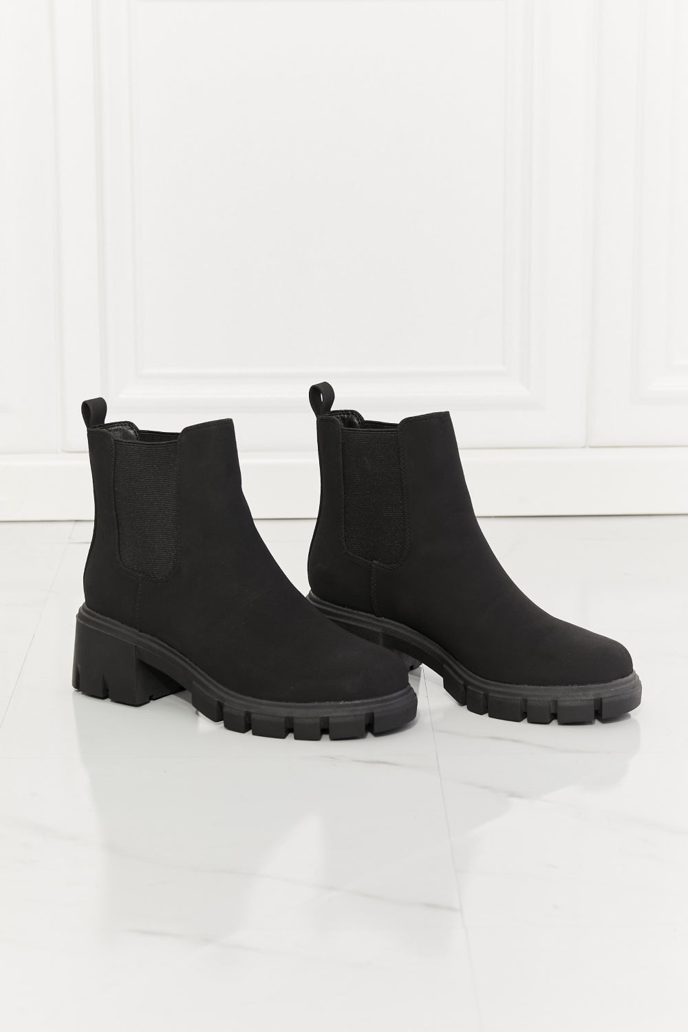 Side VIew, MM Shoes, Work For It Matte Lug Sole Chelsea Boots in Black
