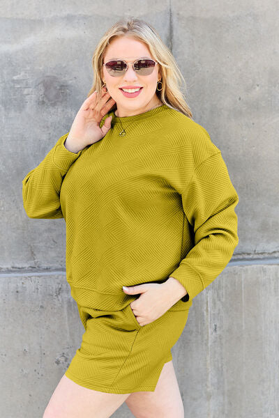 Plus Size, Side View, Double Take, Textured Long Sleeve Top and Drawstring Shorts Set In Chartreuse