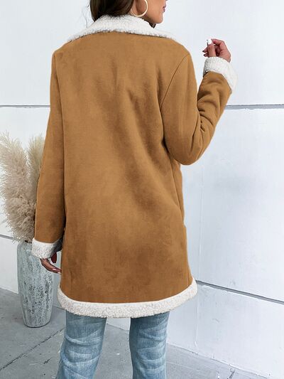 Back View, Contrast Button Up Lapel Collar Long Sleeve Coat In Camel Color