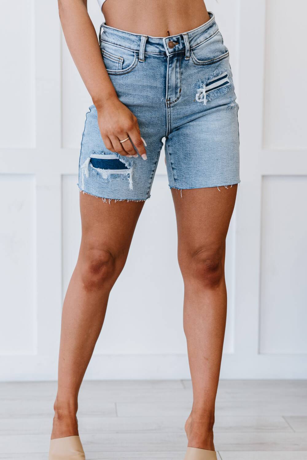 Judy Blue, Acid Wash Denim Patch High Rise Mid Thigh Shorts. Style Number 150094