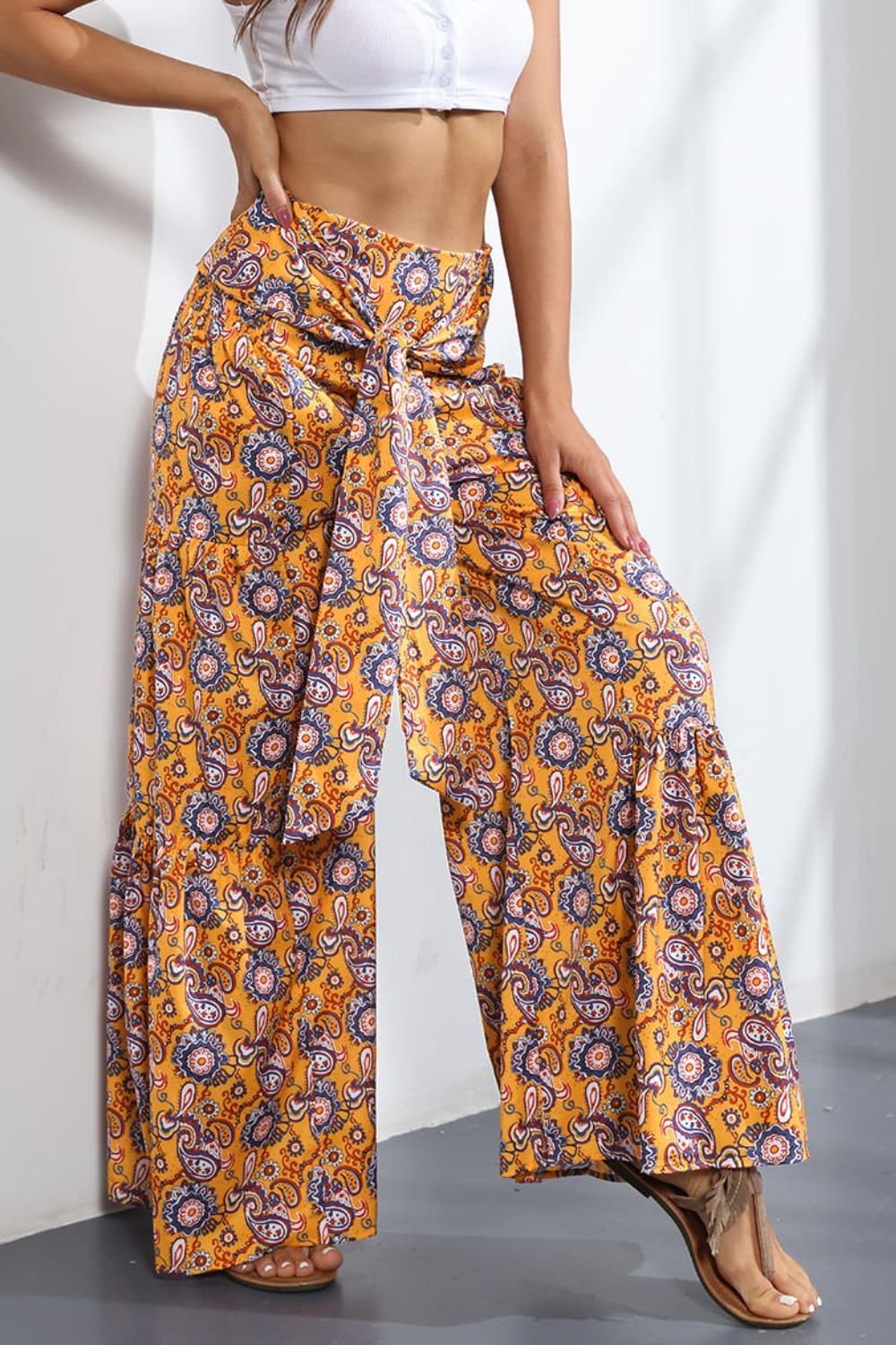 Side View, Printed High-Rise Tied Culottes In Pumpkin