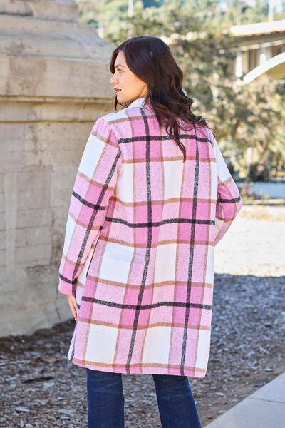 Back View, Double Take, Plaid Button Up Lapel Collar Coat In Carnation Pink