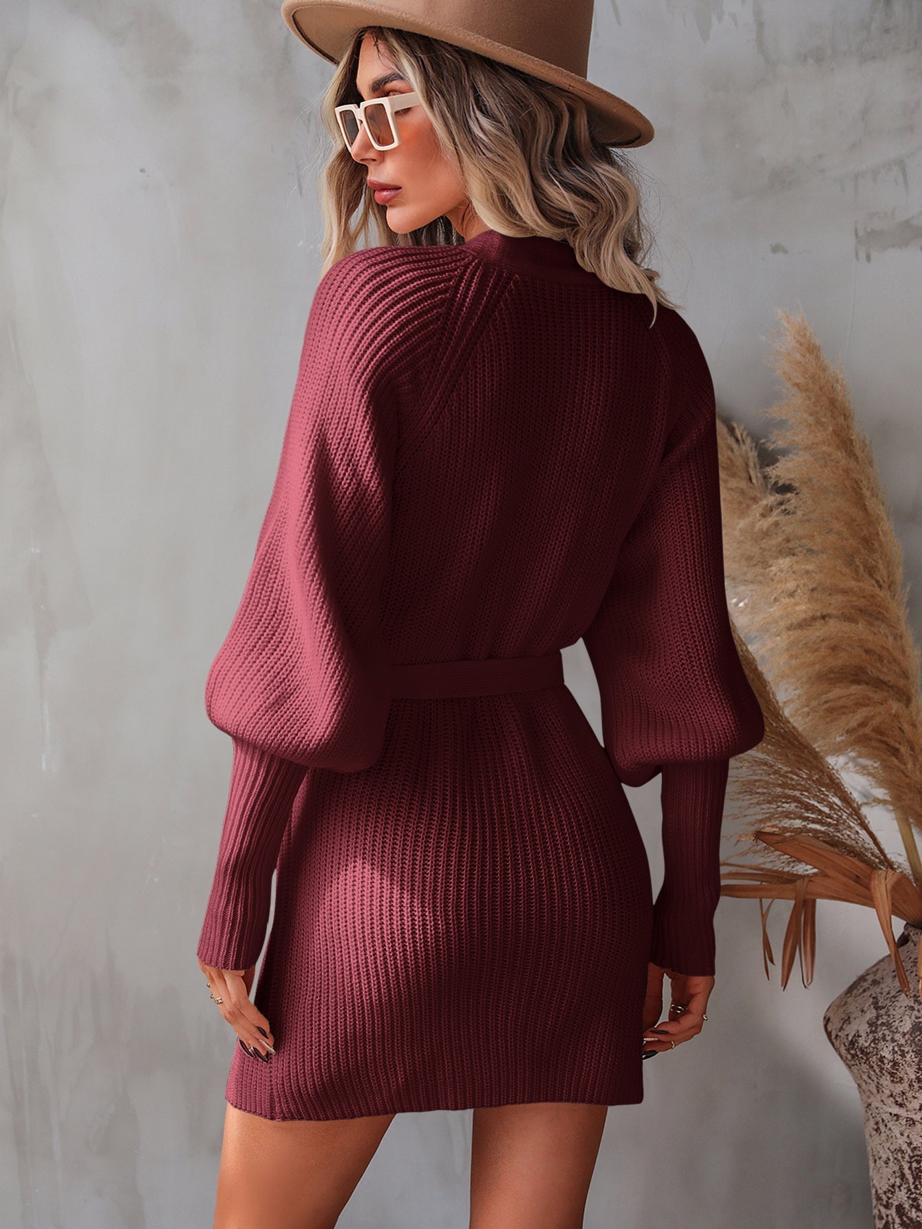 Back View, Belted Surplice Lantern Sleeve Wrap Sweater Dress In Wine Color