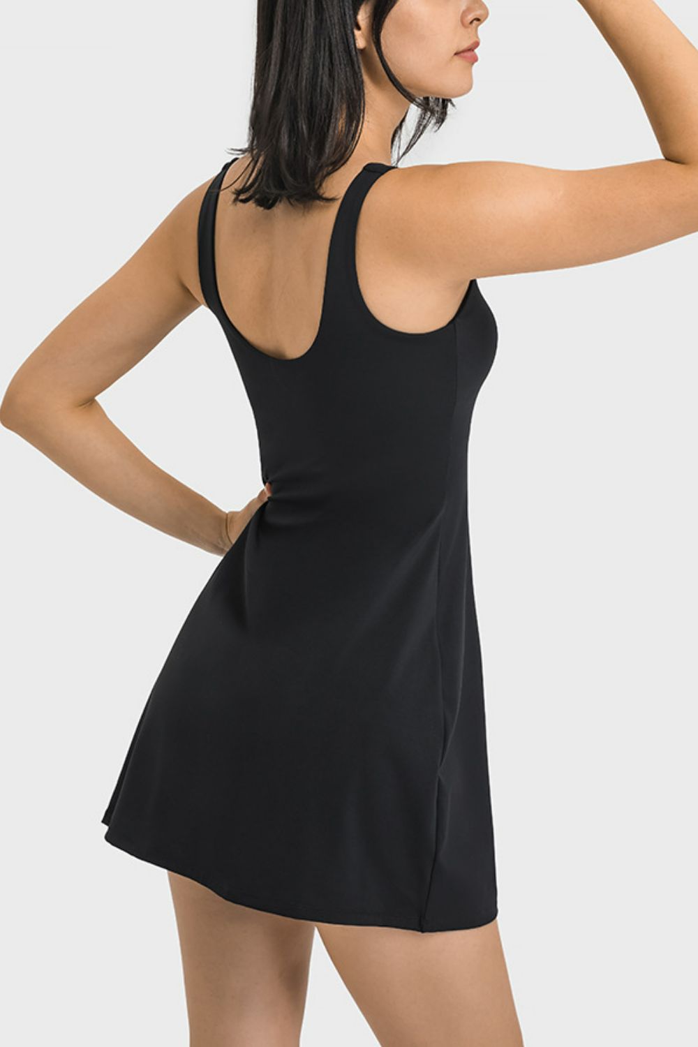 Side View, Square Neck Sports Tank Dress with Full Coverage Bottoms In Black