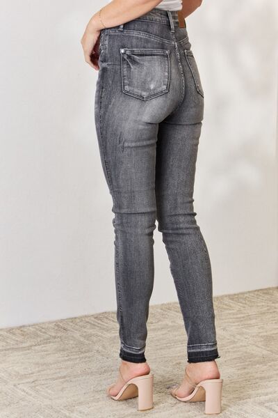 Back View, Judy Blue, High Waist Tummy Control Grey Wash Release Hem Skinny Jeans Style 88792