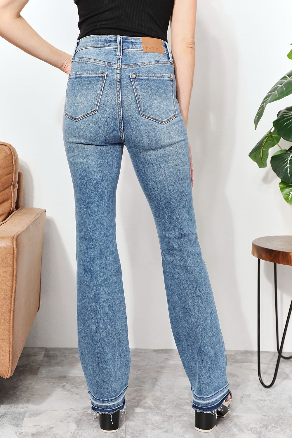 Back View, Judy Blue, High Waist Tummy Control Release Hem Slim Boot Cut Jeans 88626