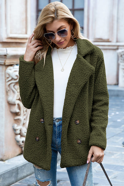 Lapel Collar Sherpa Coat In Army Green