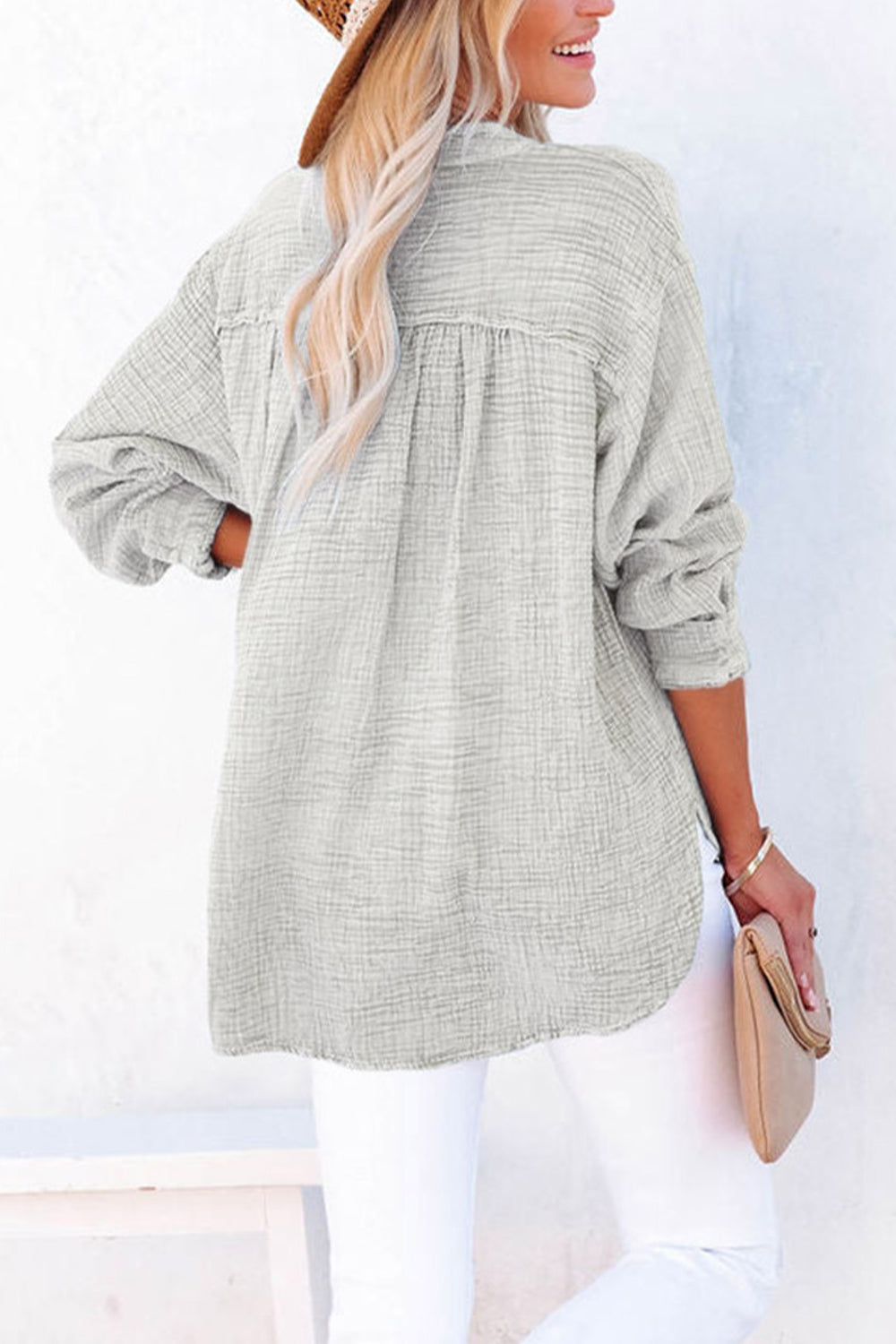 Back View, Buttoned Long Sleeve Blouse In Gray