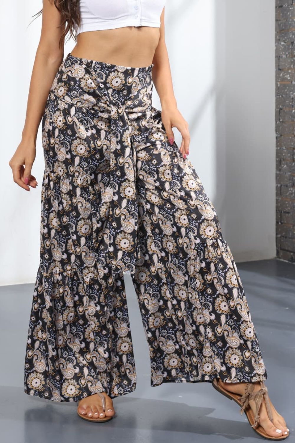 Printed High-Rise Tied Culottes In Dark Gray