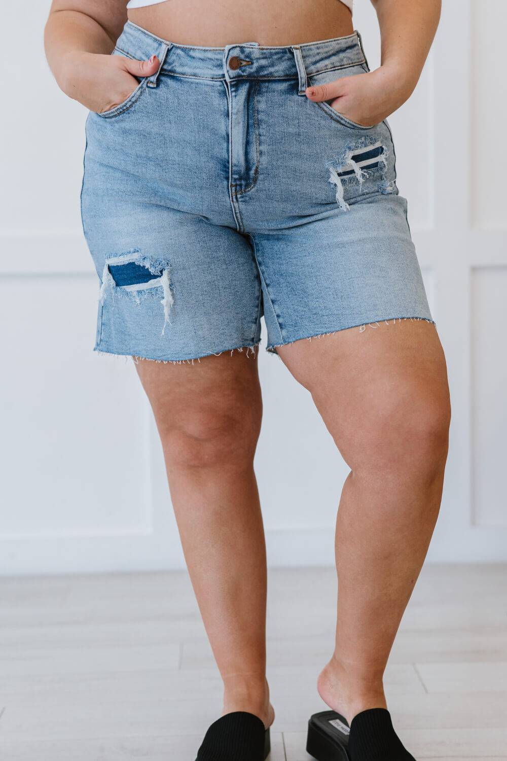 Plus Size, Judy Blue, Acid Wash Denim Patch High Rise Mid Thigh Shorts. Style Number 150094