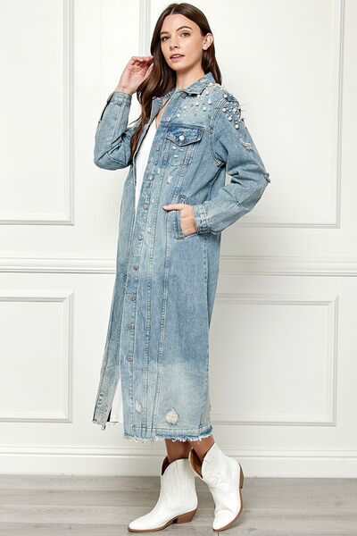 Side VIew, Veveret, Distressed Raw Hem Pearl Detail Button Up Jacket