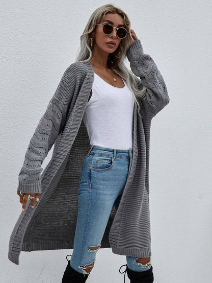 Side VIew, Open Front Duster Cardigan In Gray