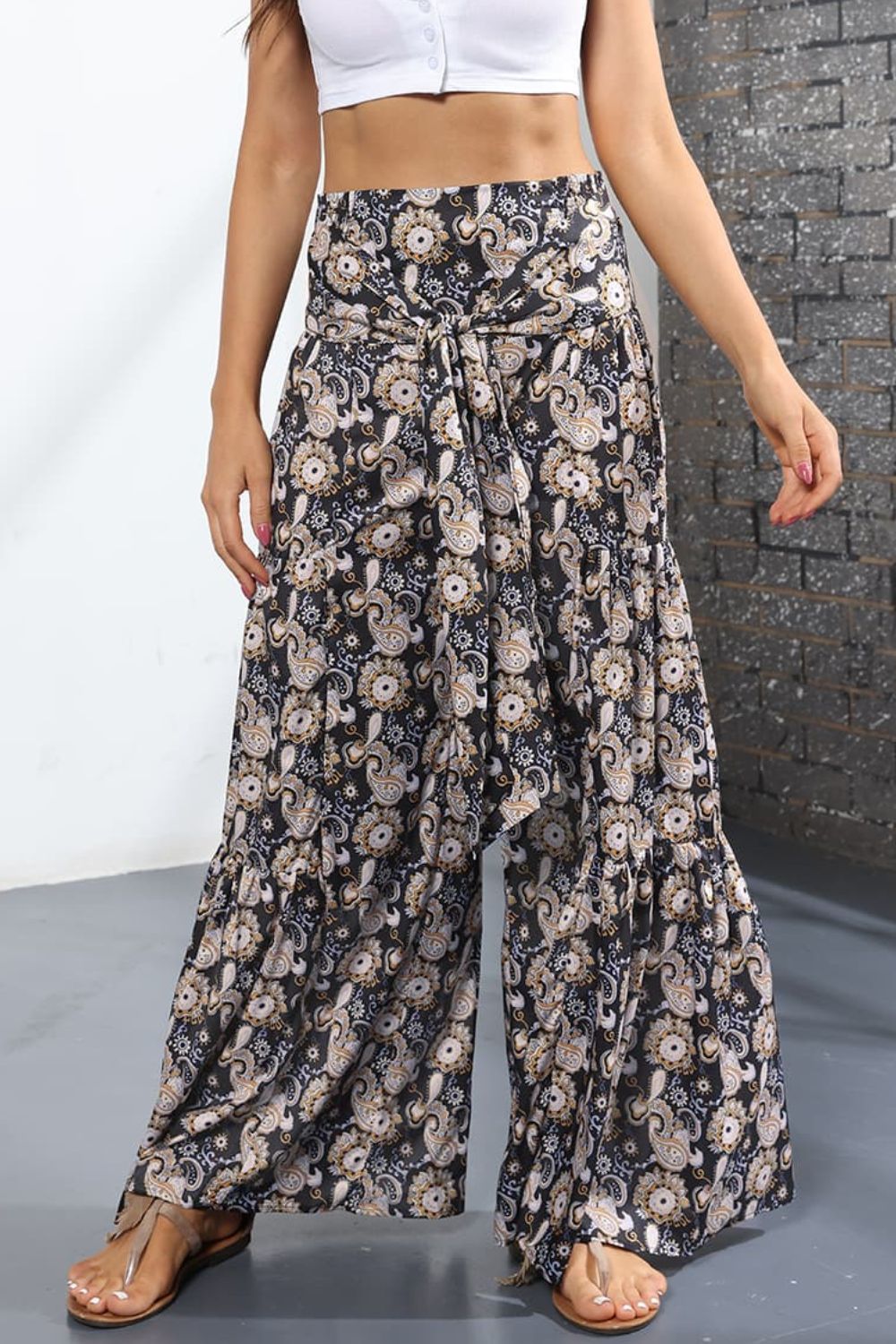 Printed High-Rise Tied Culottes In Dark Gray