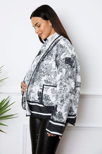 Side VIew, Printed Long Sleeve Winter Coat with Pockets In Black