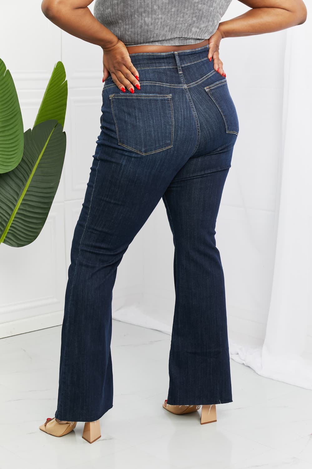 Back View, Plus Size, Judy Blue, High Waisted Raw Hem Tall Flare Jeans Style 82343