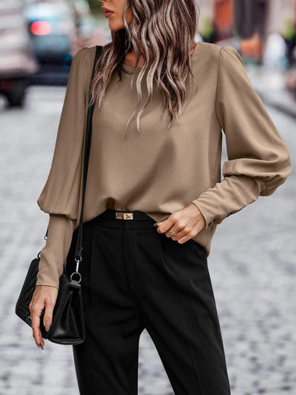 Round Neck Lantern Sleeve Blouse In Taupe