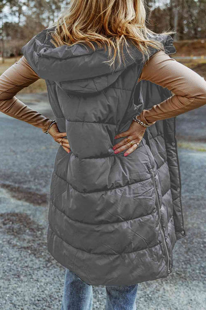 Back View, Longline Hooded Sleeveless Puffer Vest In Charcoal