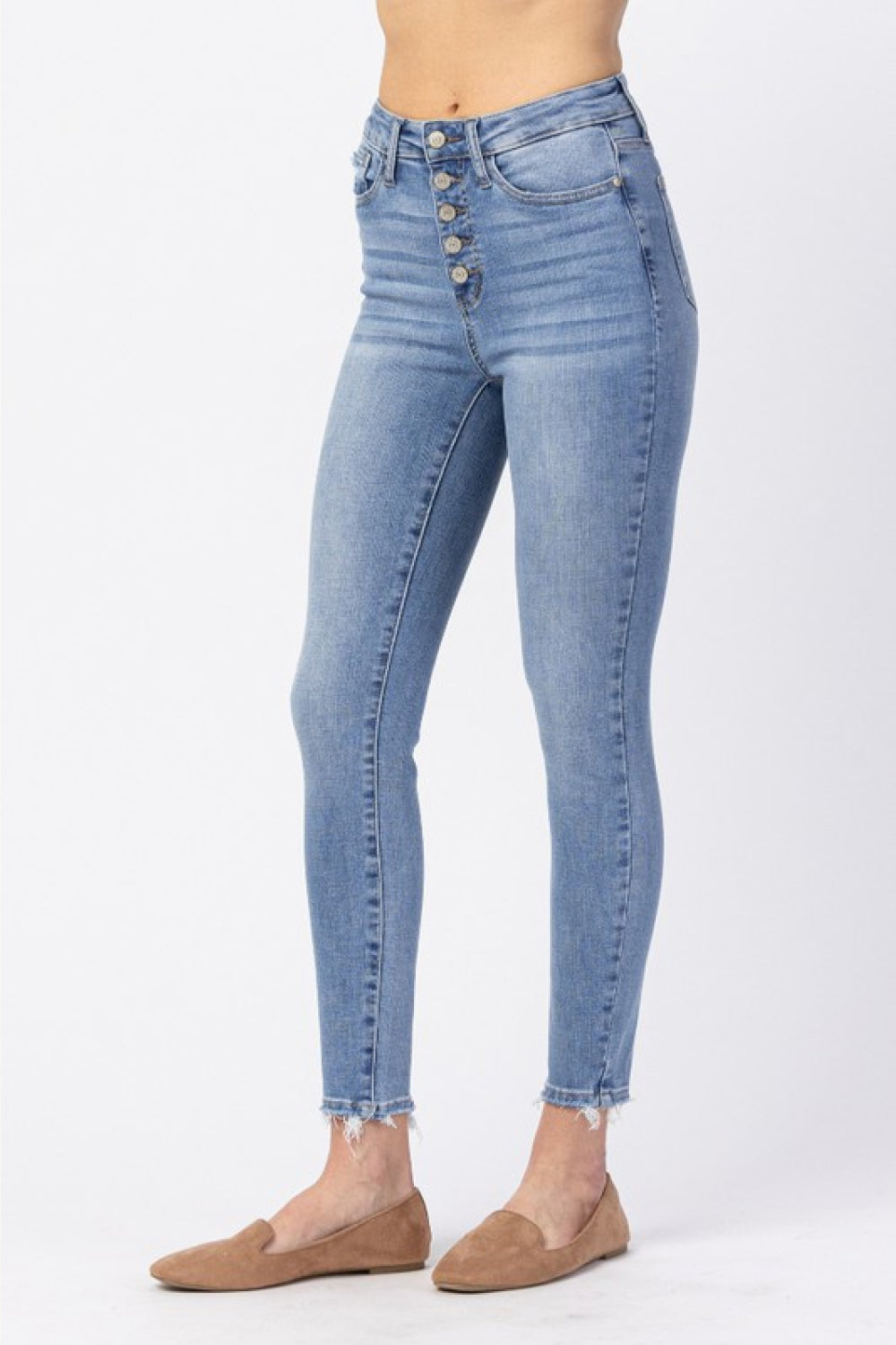 Side View, Judy Blue, Women's Hi-Rise Button Fly Skinny Jeans Style 88279