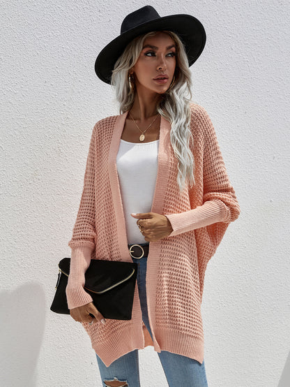 Waffle Knit Open Front Cardigan In Pink