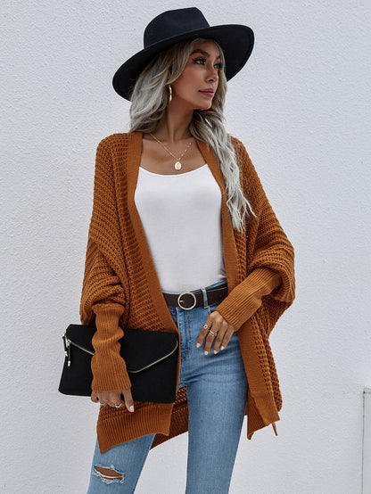 Waffle Knit Open Front Cardigan In Brown